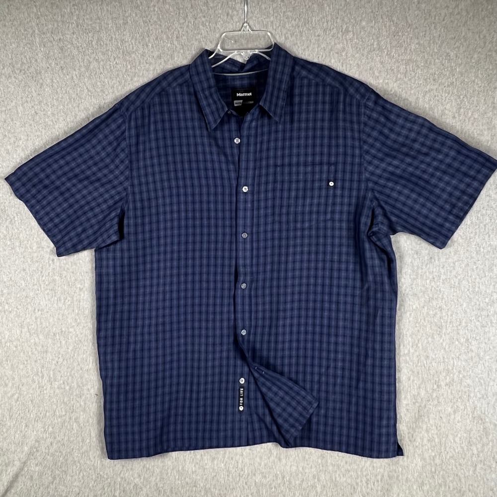 Marmot Mens XXL Eldridge Navy Blue Plaid Short Sleeve Button Down Shirt